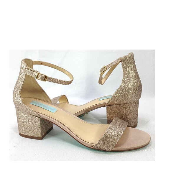 Betsey Jonson Gold Open Toe Block Heel Ankle Strap Low Mid Heels Miri Shoes GUC - Picture 2 of 9